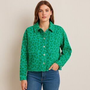 Jodifl NEW Green Leopard Print Button Front Shacket Jacket Raw Hem S L